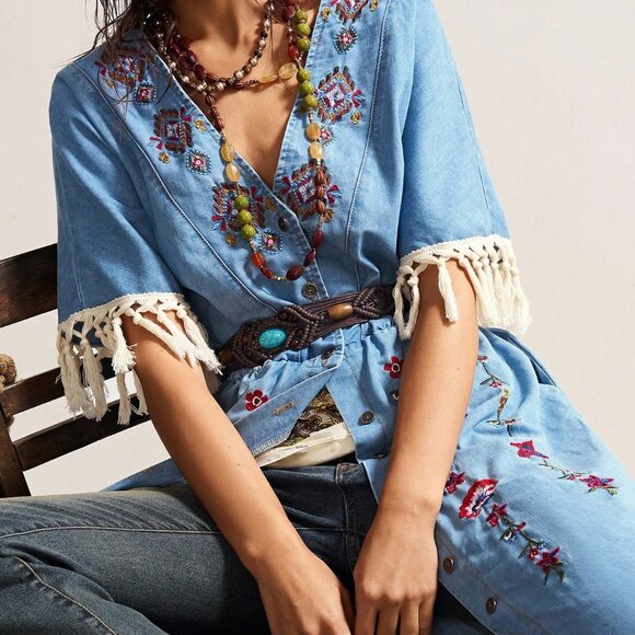 Blue Western Boho Women's Embroidered Casual Dress - Picture 8 of 8